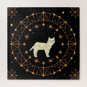 Geometrisches Katzen-Geschenk mit goldenen Sternen