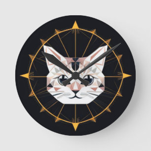 Geometrisches Katzendesign umgeben von Goldstars Runde Wanduhr