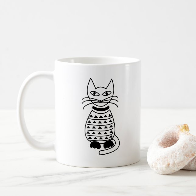 Geometrisches Katzenschwarz und Weiß Kaffeetasse (Mit Donut)