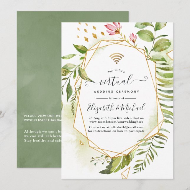 Geometrisches Kristallgrün Online Virtual Wedding Einladung (Vorne/Hinten)