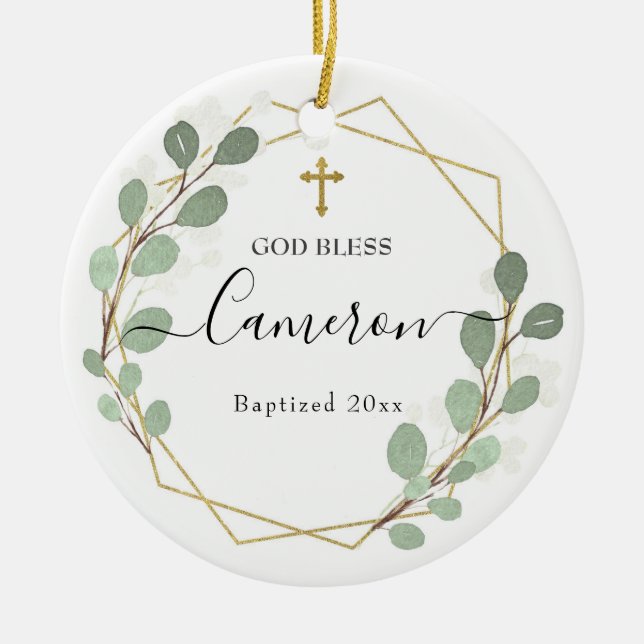 Geometrisches Leaf Greenery Baptized Keramik Keramik Ornament (Vorne)