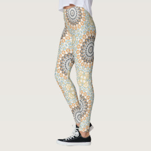 Geometrisches Mandala in Orange, Grau und Blau Leggings
