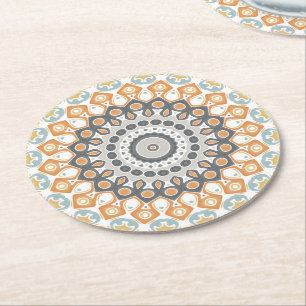 Geometrisches Mandala in Orange, Grau und Blau Runder Pappuntersetzer