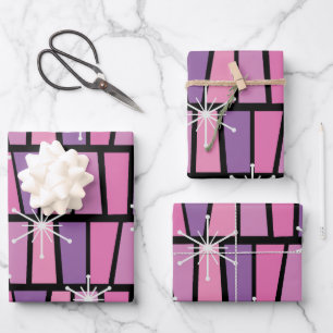 Geometrisches MCM Abstrakt rosa Lila Geschenkpapier Set