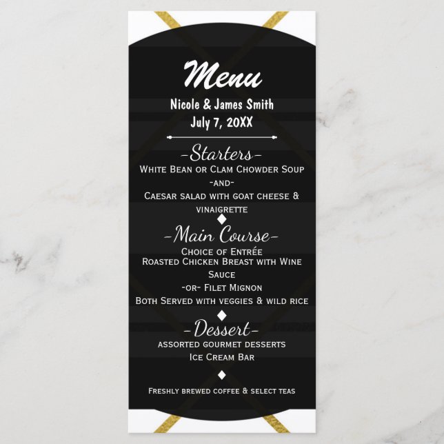 Geometrisches Menü für Hochzeiten in Schwarz und G Menükarte (Vorderseite)