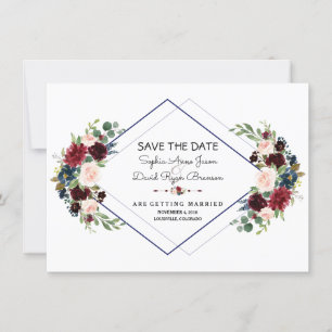 Geometrisches Merlot Marineblau Florales Save The  Date