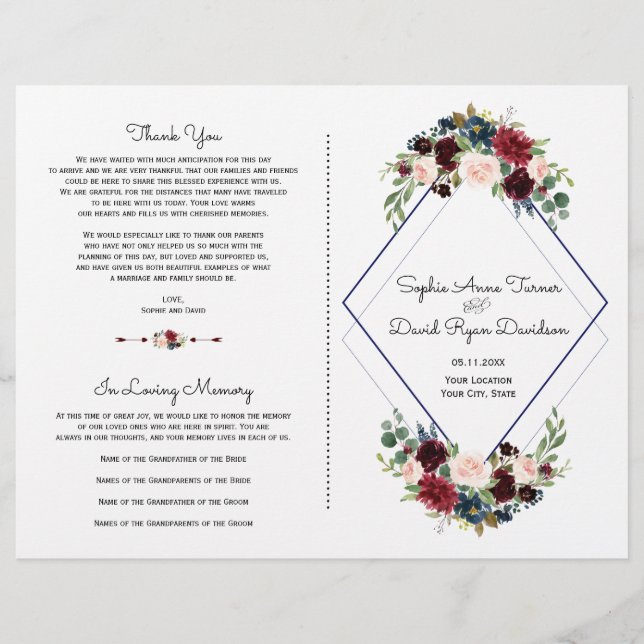 Geometrisches Merlot Navy Blue Floral Wedding Prog (Vorderseite)