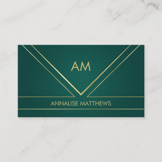 Geometrisches Minimal-Gold Monogramm Emerald Green Visitenkarte (Vorderseite)