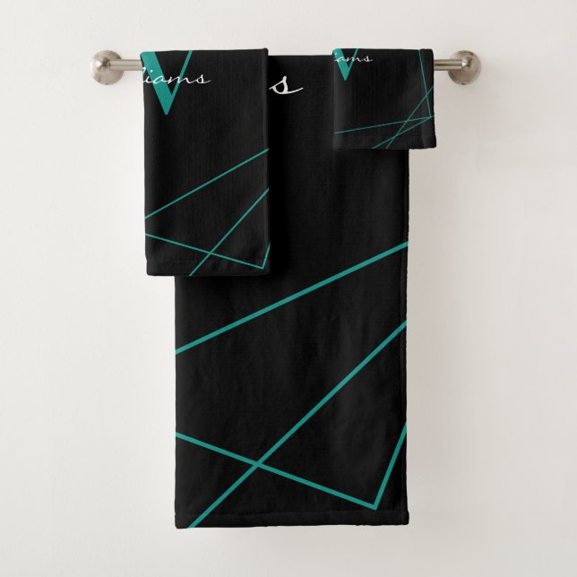 Geometrisches, modernes, Aquamarines Monogramm Badhandtuch Set (Insitu)