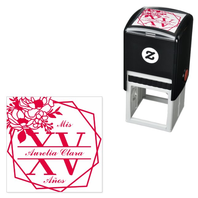 Geometrisches Monogramm, florales Quinceanera Mis  Permastempel (Beispiel)