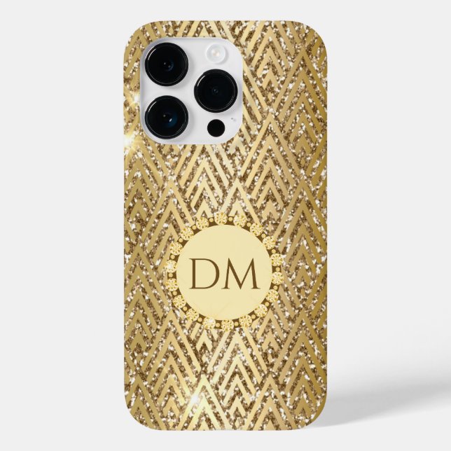 Geometrisches Monogramm für das goldene Glittery-M Case-Mate iPhone 14 Pro Hülle (Rückseite)