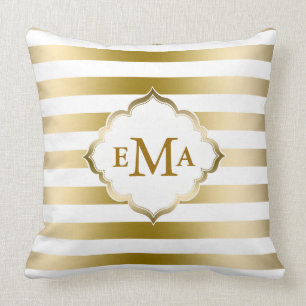 Geometrisches Monogramm-Muster aus Gold und Weiß Kissen