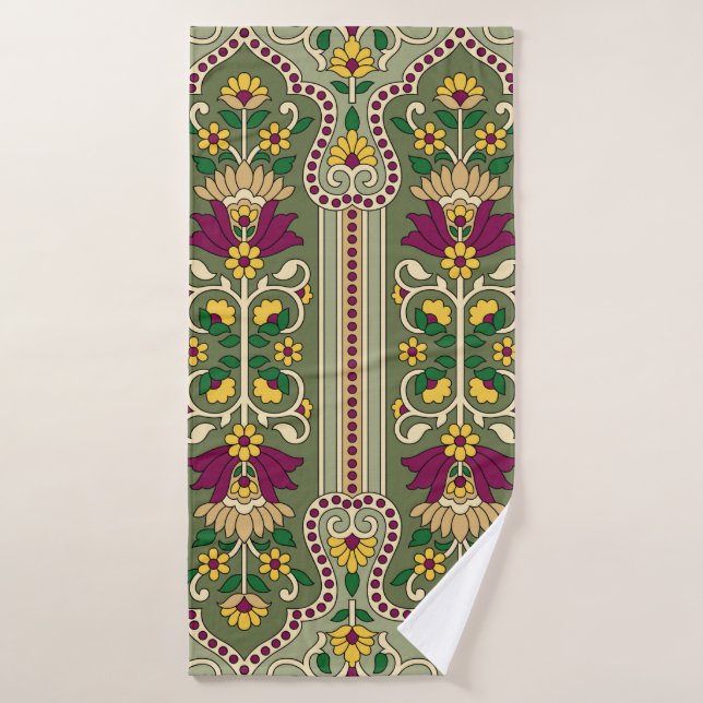 Geometrisches Mughal-Paisley-Muster auf grüner Hin Badehandtuch (Badehandtuch)