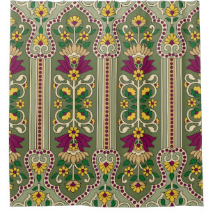 Geometrisches Mughal-Paisley-Muster auf grüner Hin Duschvorhang