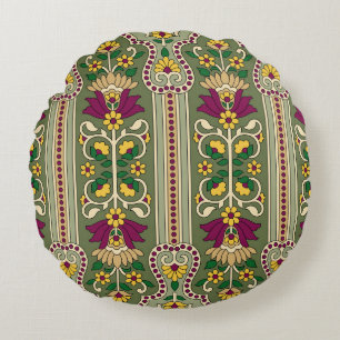 Geometrisches Mughal-Paisley-Muster auf grüner Hin Rundes Kissen