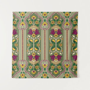 Geometrisches Mughal-Paisley-Muster auf grüner Hin Wandteppich