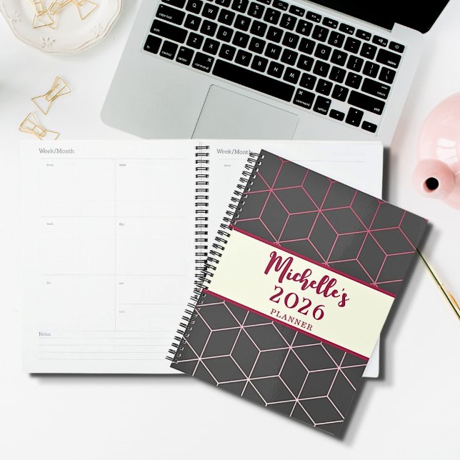 Geometrisches Muster 2023 Viva Magenta Grauer Name Planer (Personalized Name and Year Spiral Notebook Planner Journal 3D Geometric Pattern in Pink and Gray )