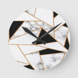 Geometrisches Muster aus weißem Marmor in Gold Runde Wanduhr