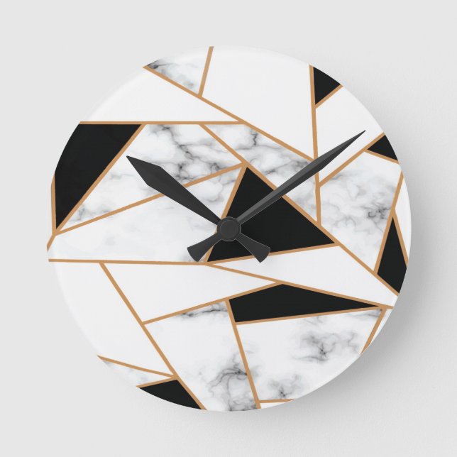 Geometrisches Muster aus weißem Marmor in Gold Runde Wanduhr (Vorderseite)