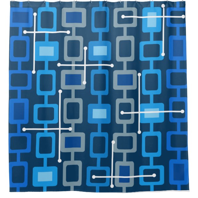 Geometrisches Muster Blau der 1950er Jahre Duschvorhang (Vorderseite)