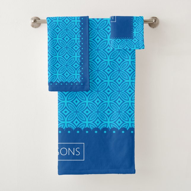 Geometrisches Muster, blau skalierte Ränder Badhandtuch Set (Insitu)