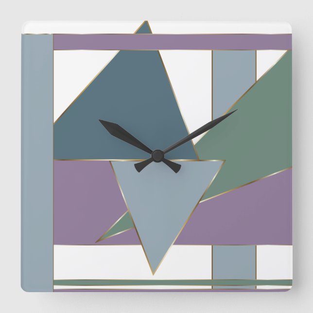 Geometrisches Muster blaues violettes Grün Quadratische Wanduhr (Vorderseite)