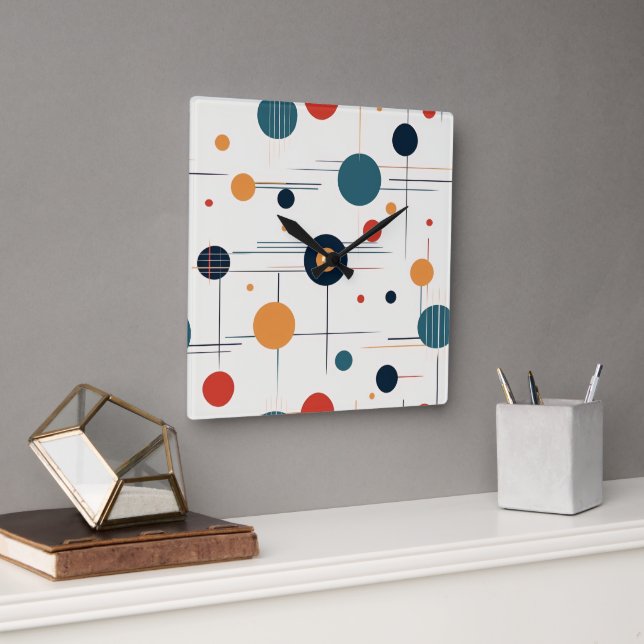 Geometrisches Muster des mittleren Jahrhunderts Quadratische Wanduhr (Büro)