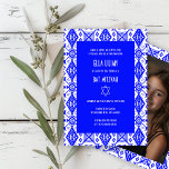 Geometrisches Muster Foto Bat Bar Mitzvah Einladung<br><div class="desc">Perfekte Karte, um eine Bar mitzvah, Fledermausmitzvah oder andere jüdische Feier anzukündigen! Handgemachte Kunst für Sie! Vollständig anpassbar! Klicken Sie auf "Personalisieren" oben, um den Text zu bearbeiten und Ihr eigenes Foto hinzuzufügen. Klicken Sie auf "Bearbeiten mit dem Design-Tool", um die Schriftart, Farben und Platzierungen anzupassen und das Design auf...</div>