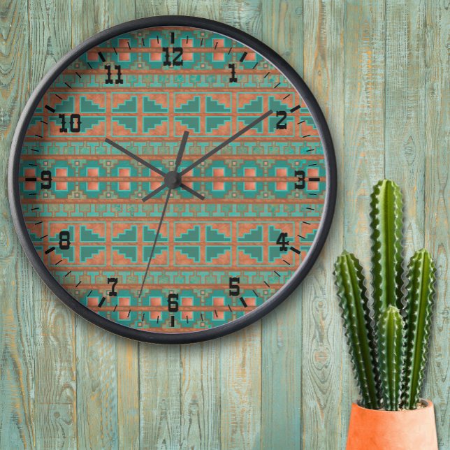 Geometrisches Muster für Aquamarine Kupferfarben i Uhr (Southwest Geometric Teal and Copper colors wall clocks)