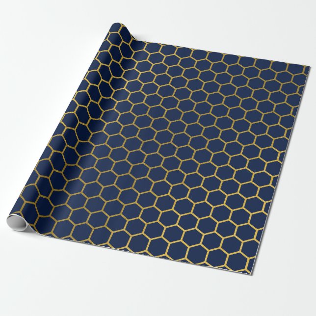 Geometrisches Muster für Navy Blue & Gold Hexagon Geschenkpapier (Ungerollt)