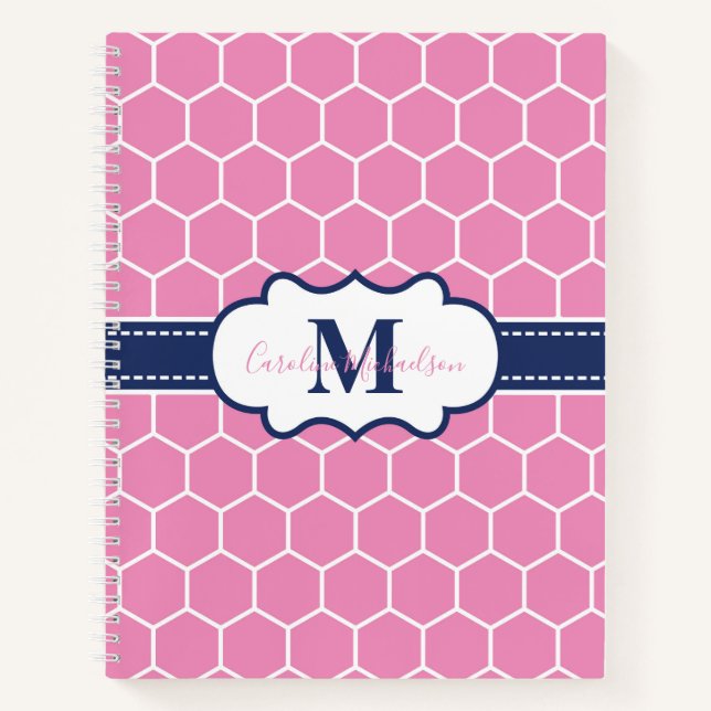 Geometrisches Muster für rosa und navy Monogram Notizbuch (Vorderseite)
