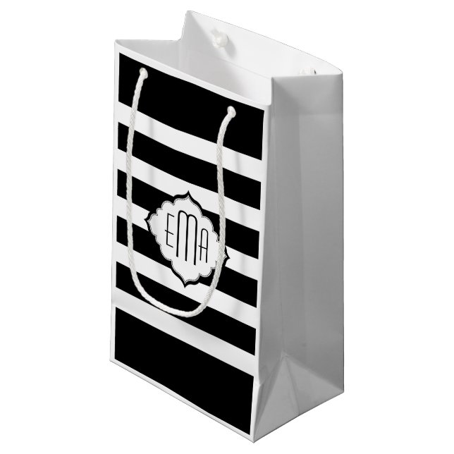 Geometrisches Muster für Schwarzweiß-Streifen Kleine Geschenktüte (Vorderseite Schrägansicht)