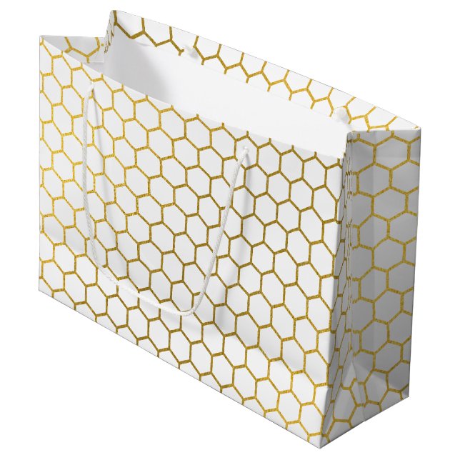 Geometrisches Muster für Weiß und Gold Hexagon Große Geschenktüte (Vorderseite Schrägansicht)