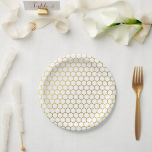 Geometrisches Muster für Weiß und Gold Hexagon Pappteller
