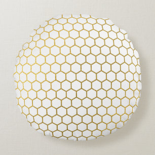 Geometrisches Muster für Weiß und Gold Hexagon Rundes Kissen