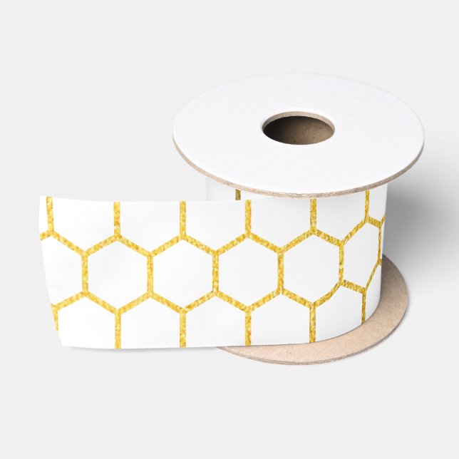 Geometrisches Muster für Weiß und Gold Hexagon Satinband (Spule)