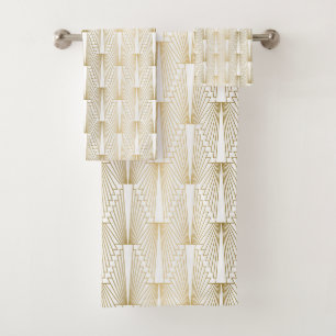 Geometrisches Muster in Gold und Weiß Art Deco Badhandtuch Set