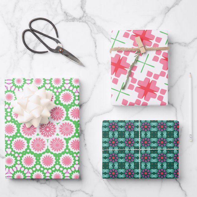 Geometrisches Muster in Rosa und Grün Geschenkpapier Set (Vorderseite)