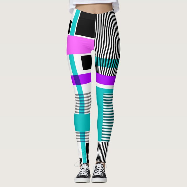 geometrisches Muster in Streifen- und Neonfarben Leggings (Vorderseite)