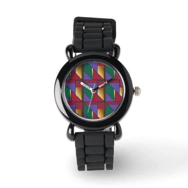 Geometrisches Muster, Lila-grün Armbanduhr (Vorderseite)