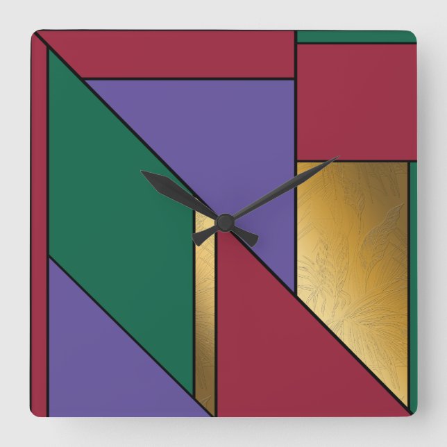 Geometrisches Muster, Lila-grün Quadratische Wanduhr (Vorderseite)