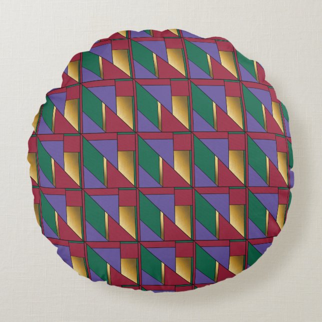 Geometrisches Muster, Lila-grün Rundes Kissen (Vorderseite)