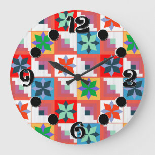 Geometrisches Muster, mehrfarbiges Patchwork Große Wanduhr