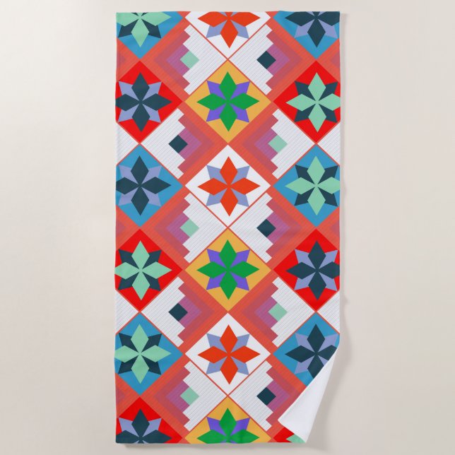 Geometrisches Muster, mehrfarbiges Patchwork Strandtuch (Vorderseite)