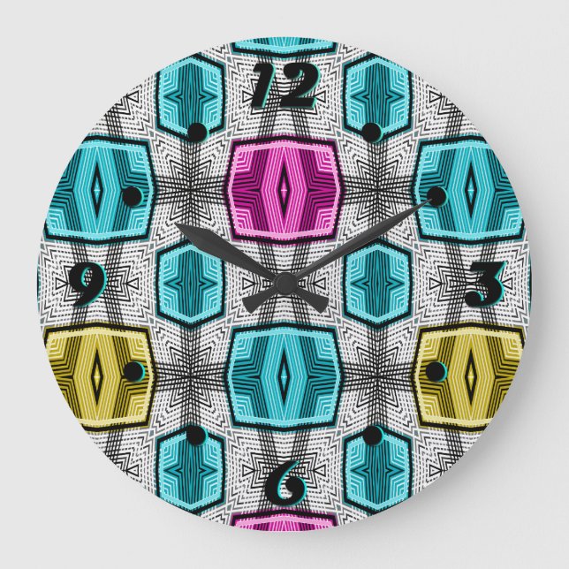 Geometrisches Muster Retro Große Wanduhr (Vorderseite)