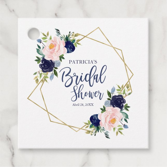 Geometrisches Navy Blue Gold Floral Brautparty Geschenkanhänger (Vorderseite)