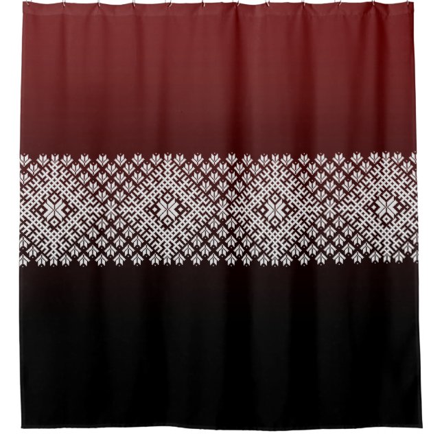 Geometrisches nordisches Muster auf Rot und Schwar Duschvorhang (Vorderseite)