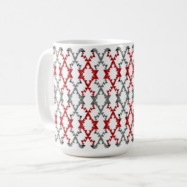 Geometrisches Ornament in rot und grau auf weiß. Kaffeetasse (Vorderseite Links)