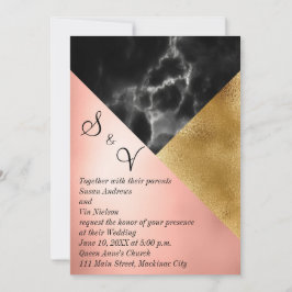 Geometrisches Peach Gold und Black Marble Einladung