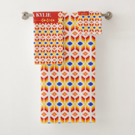 Geometrisches Pixel-Blumenmuster in Rot Orange Gel Badhandtuch Set